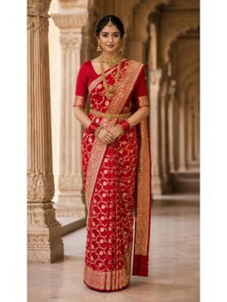 AMRUTKALA SAREES - Red Banarasi Silk Kanjivaram Woven Saree with Unstitched Blouse