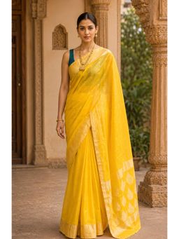 AMRUTKALA SAREES - Yellow Banarasi Silk Kanjivaram Woven Saree with Unstitched Blouse