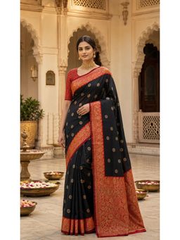 AMRUTKALA SAREES - Black Banarasi Silk Kanjivaram Woven Saree with Unstitched Blouse