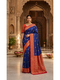 AMRUTKALA SAREES - Blue Banarasi Silk Kanjivaram Solid Saree with Unstitched Blouse