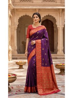 AMRUTKALA SAREES - Purple Banarasi Silk Kanjivaram Solid Saree with Unstitched Blouse