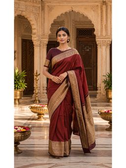 AMRUTKALA SAREES - Maroon Banarasi Silk Kanjivaram Solid Saree with Unstitched Blouse