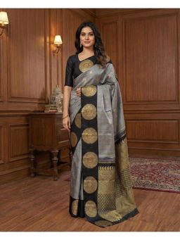 AMRUTKALA SAREES - Grey Banarasi Silk Kanjivaram Woven Saree with Unstitched Blouse