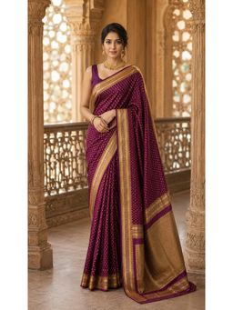 AMRUTKALA SAREES - Wine Banarasi Silk Kanjivaram Woven Saree with Unstitched Blouse