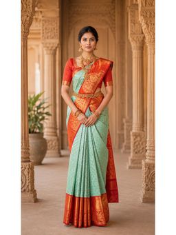 AMRUTKALA SAREES - Green Banarasi Silk Kanjivaram Woven Saree with Unstitched Blouse