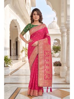Monjolika Fashion - Women Rani Pink Banarasi Soft Silk Saree with Unstitched Blouse