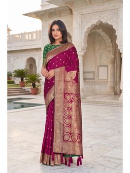 Monjolika Fashion - Women Magenta Banarasi Soft Silk Saree with Unstitched Blouse