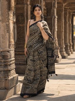 AMRUTKALA SAREES - Black Linen Printed Saree with Unstitched Blouse