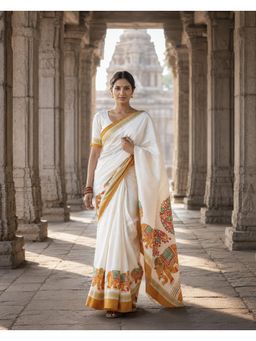 AMRUTKALA SAREES - White Linen Printed Saree with Unstitched Blouse