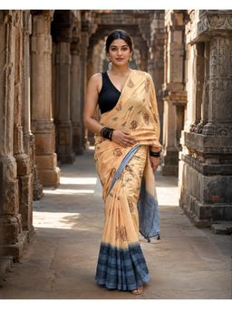 AMRUTKALA SAREES - Beige Linen Printed Saree with Unstitched Blouse
