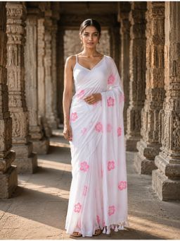 AMRUTKALA SAREES - White Linen Printed Saree with Unstitched Blouse