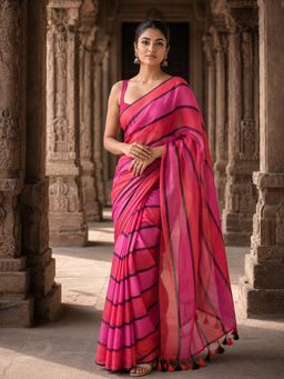 AMRUTKALA SAREES - Pink Linen Printed Saree with Unstitched Blouse