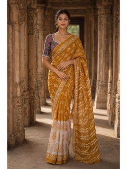 AMRUTKALA SAREES - Mustard Linen Printed Saree with Unstitched Blouse