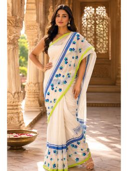 AMRUTKALA SAREES - White Linen Printed Saree with Unstitched Blouse