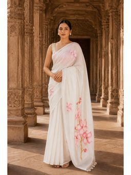 AMRUTKALA SAREES - White Linen Printed Saree with Unstitched Blouse