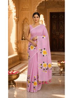 AMRUTKALA SAREES - Pink Linen Printed Saree with Unstitched Blouse