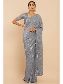 Soch - Women Grey Georgette Embellished & Sequined Saree with Unstitched Blouse