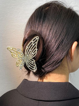 OOMPH - Gold Tone White Pearls Butterfly Shape Large Big Hair Claw