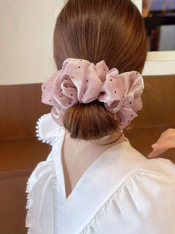 OOMPH - Pink Shimmer Organza Polka Dots Big Large Scrunchies Rubber Band Hair Tie