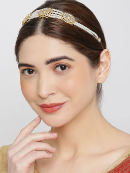 OOMPH - Gold Tone Kundan and Pearls Floral Jadau Hair Chain