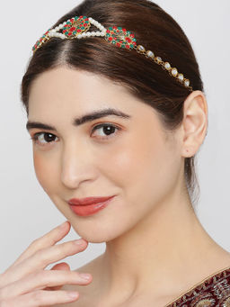 OOMPH - Gold Tone Kundan and Pearls Jadau Hair Chain