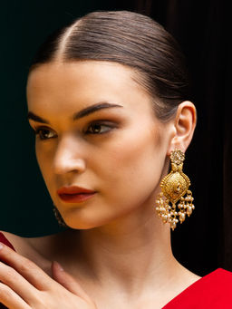 PANASH - Gold-Plated Artificial Stones Studded and Beaded Floral Shaped Drop Earrings