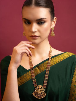 PANASH - Gold-Plated Studded and Beaded Laxmi Designed Temple Jewellery Set