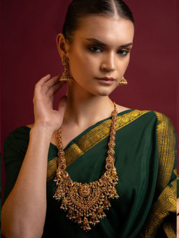 PANASH - Gold-Plated Studded and Beaded Laxmi Designed Temple Jewellery Set