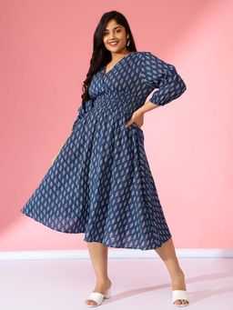 Bani Women - Navy Blue Printed Smocked Plus Size Waist Fit and Flare Midi Dress