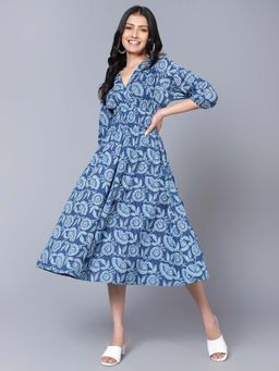 Bani Women - Blue Printed Smocked Waist Fit and Flare Midi Dress