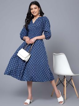 Bani Women - Navy Blue Printed Smocked Waist Fit and Flare Midi Dress