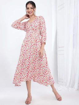 Bani Women - Pink Printed Smocked Waist Fit and Flare Midi Dress