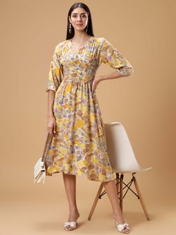 Bani Women - Yellow Printed A-Line Midi Dress