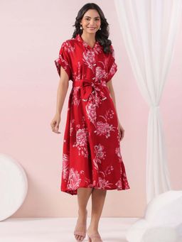 KAFTANIZE - Cherry Red Floral Midi Dress with Belt