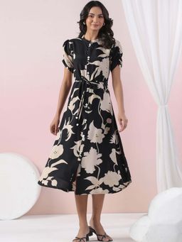KAFTANIZE - Black Floral Midi Dress with Belt