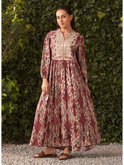 Lakshita - Wine Printed Rayon Flared Dress