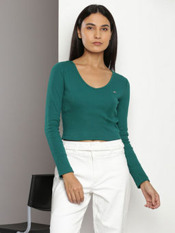 Tommy Hilfiger - Women Green Solid Slim Fit Cotton Crop T-Shirt