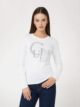 Guess - Women Pure White Round Neck Embellished T-Shirt