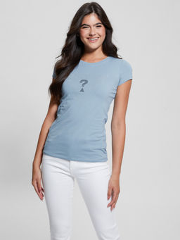 Guess - Women Blue Biscotti Round Neck Embellished T-Shirt
