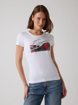 Guess - Women White Round Neck Embellished T-Shirt