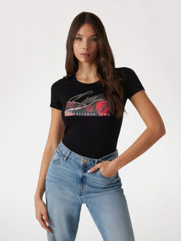 Guess - Women Black Round Neck Embellished T-Shirt