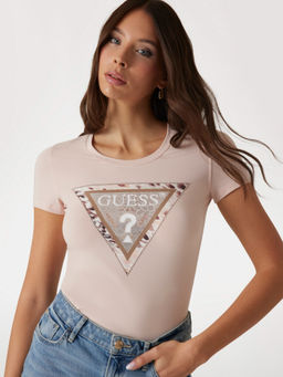 Guess - Women Pink Dimrose Round Neck Embellished T-Shirt