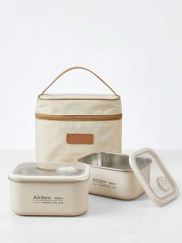 YELONA - Beige Leakproof 2-Container Lunch Box & Insulated Lunch Bag (Pack of 2)