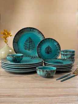 The Golden Theory - 18 Piece Green Tree Motif Ceramic Dinner Set