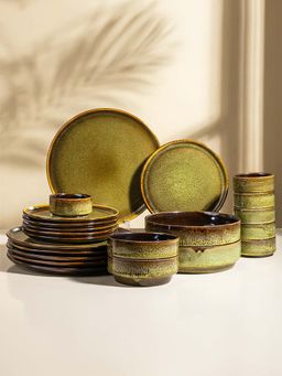 The Golden Theory - 22 Piece Modern Rustic Green Ceramic Dinner Set