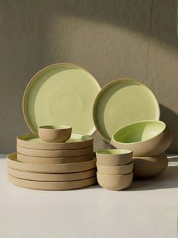The Golden Theory - 14 Piece Light Green & Rust Ceramic Dinner Set