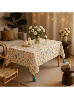 THROW PILLOW - Beige Spring Floral Wildflower Corner Tassels Dining Table Cover