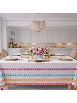 THROW PILLOW - White Colourful Pom-Pom Lace Corner Tassel Table Cover