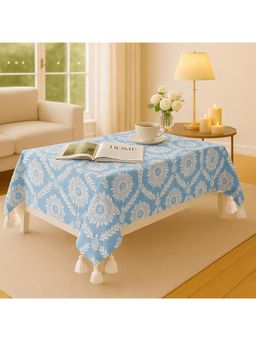 THROW PILLOW - Blue Damask Floral Medallions Corner Tassel Trim Dining Table Cover