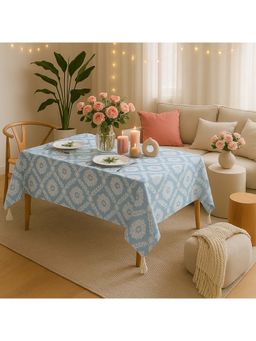 THROW PILLOW - Blue Damask Floral Medallions Corner Tassels Table Cover